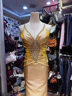 Vintage Gold Mermaid V-Neck Sequined Satin Long Formal Prom Dress