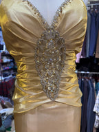 Vintage Gold Mermaid V-Neck Sequined Satin Long Formal Prom Dress