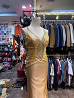 Vintage Gold Mermaid V-Neck Sequined Satin Long Formal Prom Dress