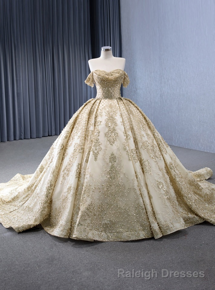 Vintage Gold Tulle Sequins Off the Shoulder Pearls Prom Dress Main image