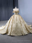 Vintage Gold Tulle Sequins Off the Shoulder Pearls Prom Dress