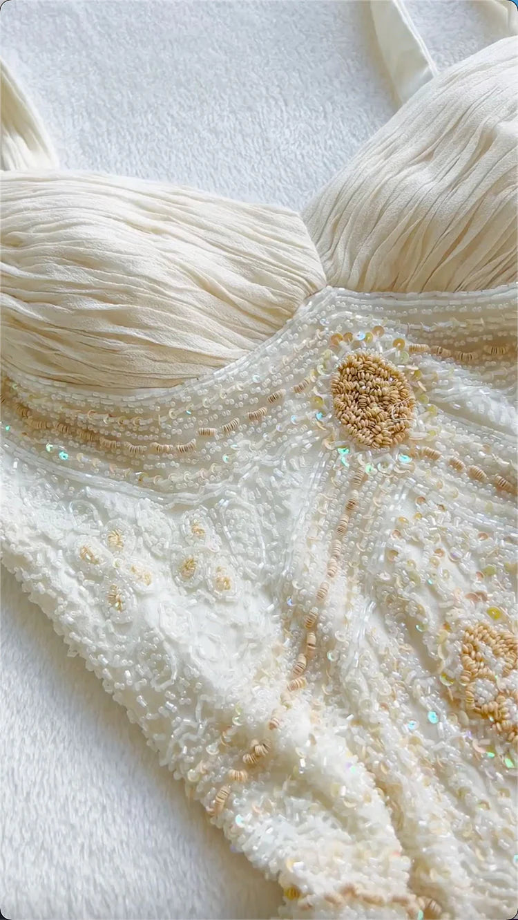 Vintage Gorgeous A-Line StraP Beaded Ivory Chiffon Prom Dresses Prom Dresses
