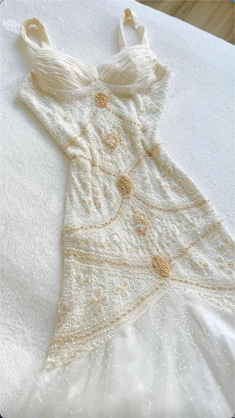 Vintage Gorgeous A-Line StraP Beaded Ivory Chiffon Prom Dresses Prom Dresses