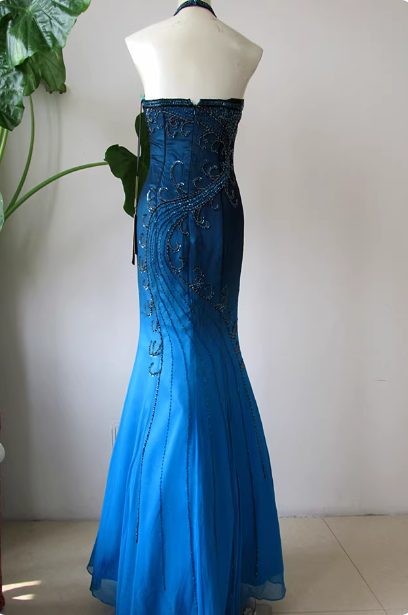 Vintage Gradient Blue Halter Mermaid Beaded Chiffon Long Prom Dress Evening Dress Secondary image