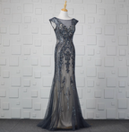 Vintage Gradient Grey-Blue Mermaid Crew Neck Beaded Sequin Tulle Long Formal Prom Dress