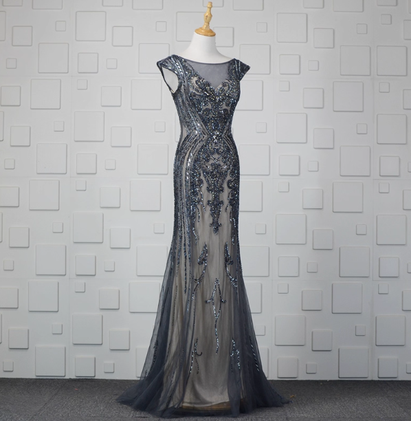 Vintage Gradient Grey-Blue Mermaid Crew Neck Beaded Sequin Tulle Long Formal Prom Dress Secondary image