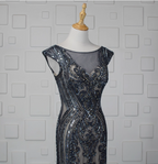 Vintage Gradient Grey-Blue Mermaid Crew Neck Beaded Sequin Tulle Long Formal Prom Dress