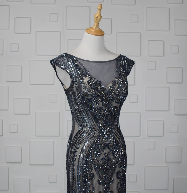 Vintage Gradient Grey-Blue Mermaid Crew Neck Beaded Sequin Tulle Long Formal Prom Dress