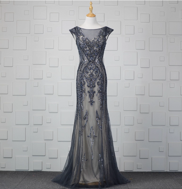 Vintage Gradient Grey-Blue Mermaid Crew Neck Beaded Sequin Tulle Long Formal Prom Dress Main image