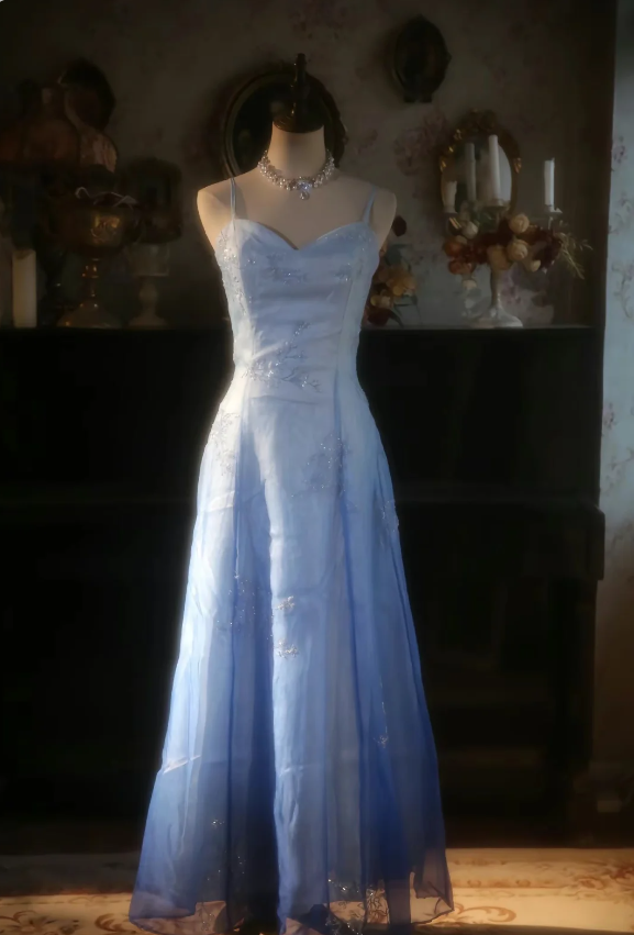 Vintage Gradient Light Blue A-Line Spaghetti Strap Beaded Tulle Long Formal Prom Dress Secondary image