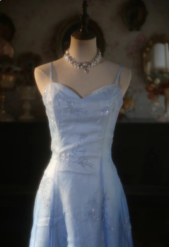 Vintage Gradient Light Blue A-Line Spaghetti Strap Beaded Tulle Long Formal Prom Dress