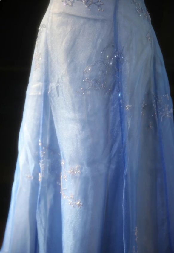 Vintage Gradient Light Blue A-Line Spaghetti Strap Beaded Tulle Long Formal Prom Dress