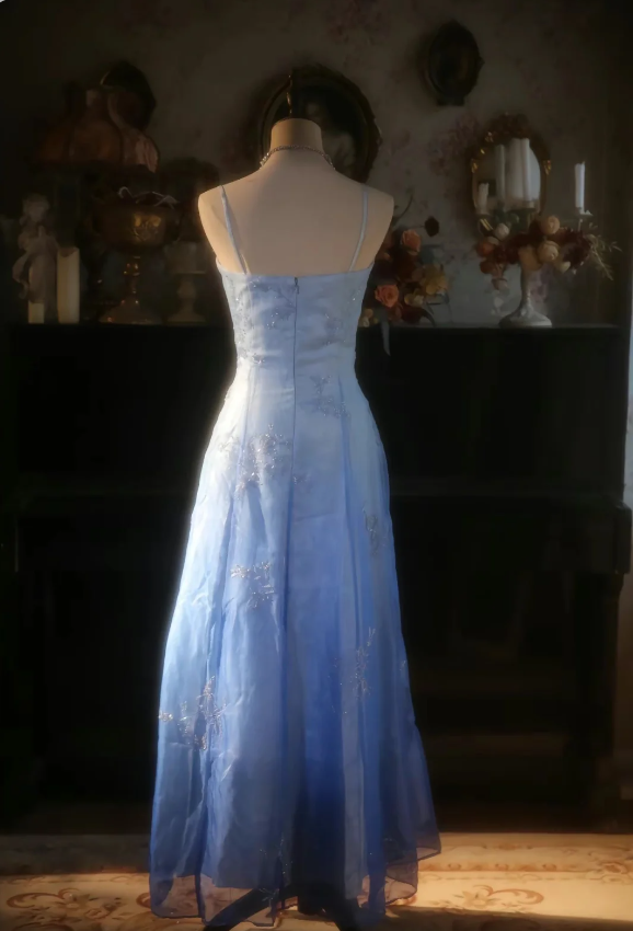 Vintage Gradient Light Blue A-Line Spaghetti Strap Beaded Tulle Long Formal Prom Dress
