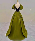 Vintage Green A-Line V-Neck Puff Sleeve Satin Long Formal Prom Dress