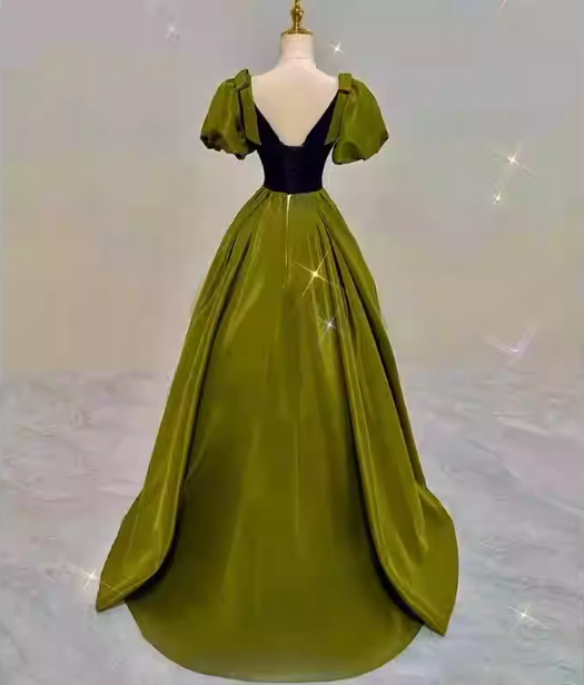 Vintage Green A-Line V-Neck Puff Sleeve Satin Long Formal Prom Dress