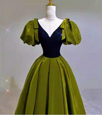 Vintage Green A-Line V-Neck Puff Sleeve Satin Long Formal Prom Dress