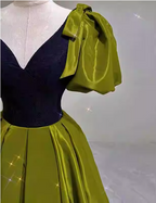 Vintage Green A-Line V-Neck Puff Sleeve Satin Long Formal Prom Dress