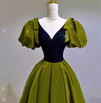 Vintage Green A-Line V-Neck Puff Sleeve Satin Long Formal Prom Dress