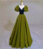 Vintage Green A-Line V-Neck Puff Sleeve Satin Long Formal Prom Dress