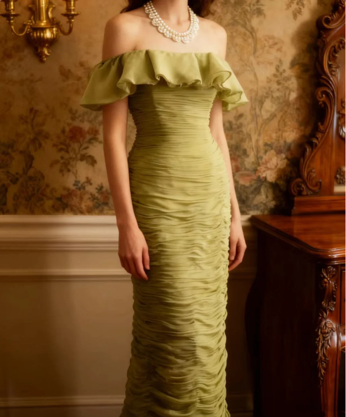 Vintage Green Fitted Off-Shoulder Ruffled Chiffon Long Formal Prom Dress Secondary image