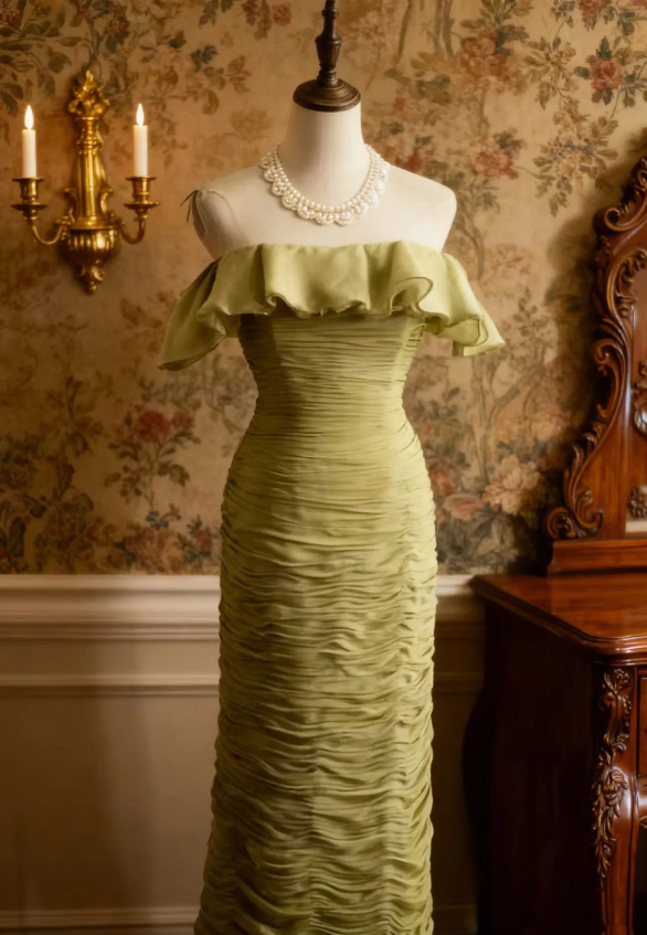 Vintage Green Fitted Off-Shoulder Ruffled Chiffon Long Formal Prom Dress
