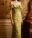 Vintage Green Fitted Off-Shoulder Ruffled Chiffon Long Formal Prom Dress