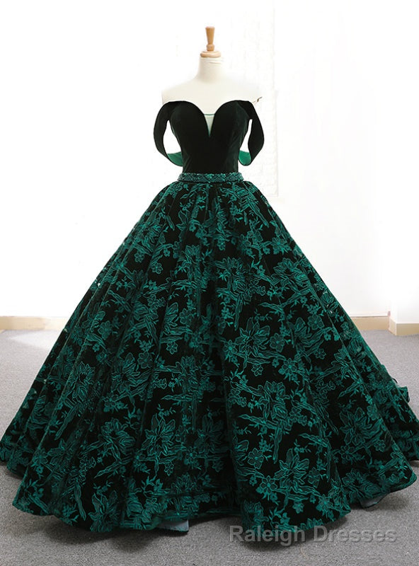Vintage Green Lace Ball Gown Off The Shoulder Backless Wedding Dress