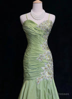 Vintage Green Mermaid Spaghetti Strap Satin Beaded Sequin Long Prom Dress Sweetheart Neck Evening Dress