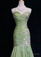 Vintage Green Mermaid Spaghetti Strap Satin Beaded Sequin Prom Dresses Long Sweetheart Neck Prom Dresses