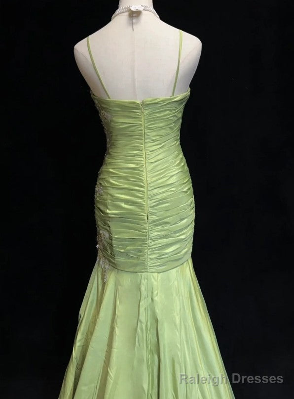 Vintage Green Mermaid Spaghetti Strap Satin Beaded Sequin Long Prom Dress Sweetheart Neck Evening Dress