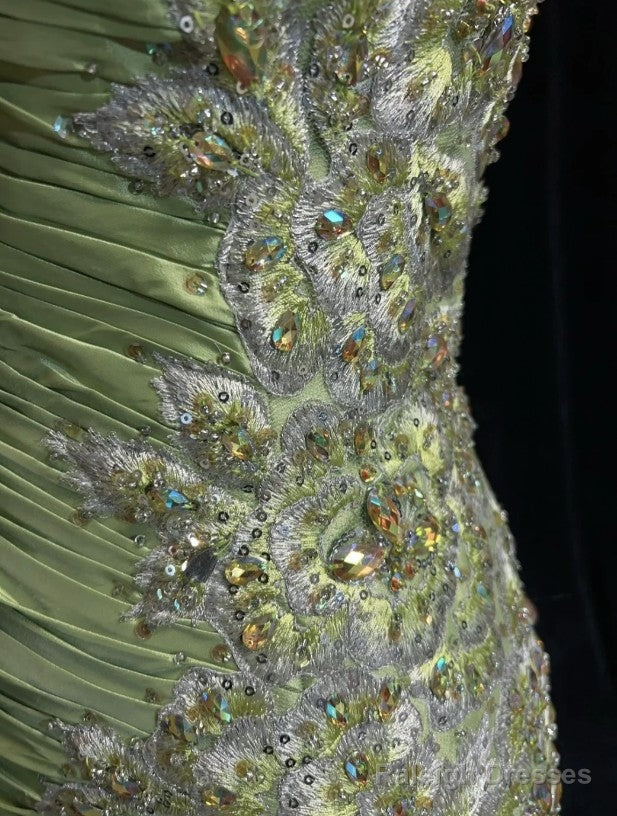 Vintage Green Mermaid Spaghetti Strap Satin Beaded Sequin Prom Dresses Long Sweetheart Neck Prom Dresses