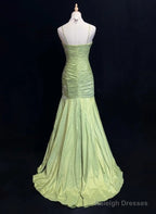 Vintage Green Mermaid Spaghetti Strap Satin Beaded Sequin Long Prom Dress Sweetheart Neck Evening Dress