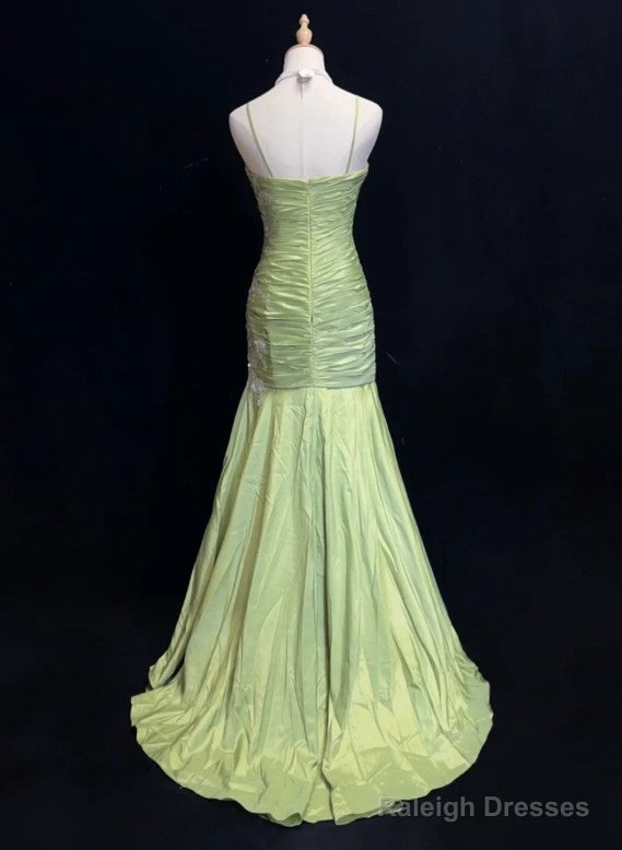 Vintage Green Mermaid Spaghetti Strap Satin Beaded Sequin Long Prom Dress Sweetheart Neck Evening Dress