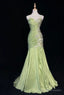 Vintage Green Mermaid Spaghetti Strap Satin Beaded Sequin Prom Dresses Long Sweetheart Neck Prom Dresses