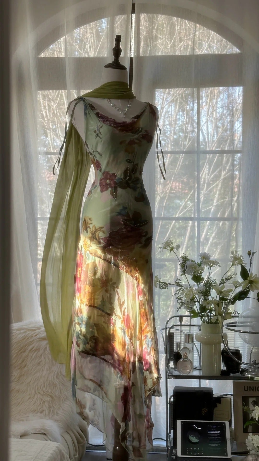 Vintage Green Oil Painting Chiffon Print Irregular Skirt Formal Prom Dress Secondary image