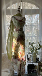 Vintage Green Oil Painting Chiffon Print Irregular Skirt Formal Prom Dress