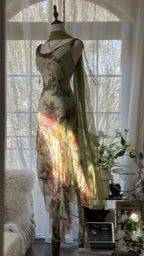 Vintage Green Oil Painting Chiffon Print Irregular Skirt Formal Prom Dress