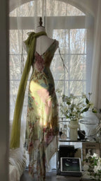 Vintage Green Oil Painting Chiffon Print Irregular Skirt Formal Prom Dress
