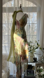Vintage Green Oil Painting Chiffon Print Irregular Skirt Formal Prom Dress