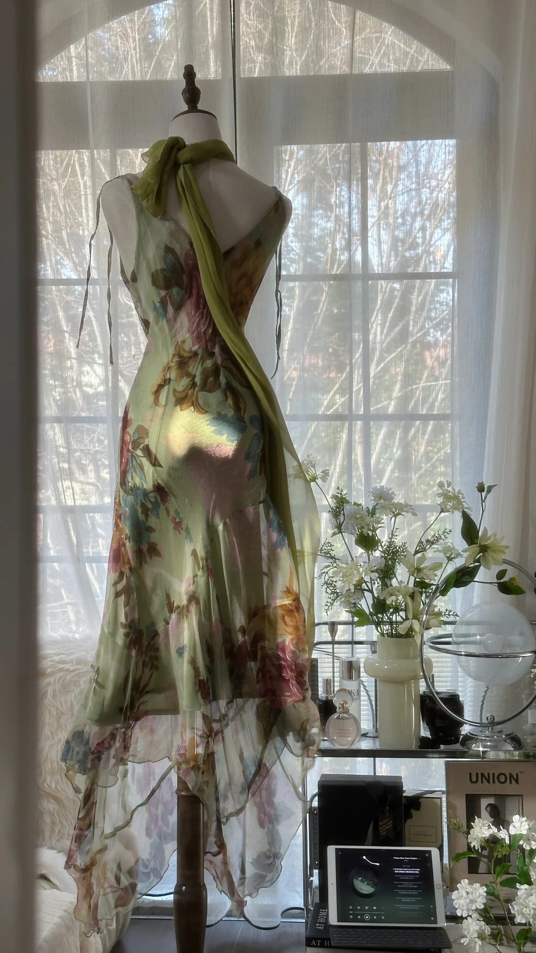 Vintage Green Oil Painting Chiffon Print Irregular Skirt Formal Prom Dress