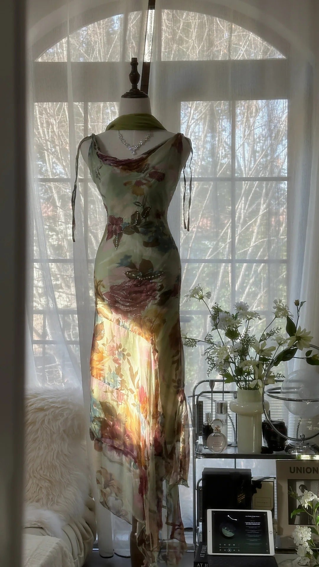Vintage Green Oil Painting Chiffon Print Irregular Skirt Formal Prom Dress