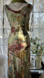Vintage Green Oil Painting Chiffon Print Irregular Skirt Formal Prom Dress