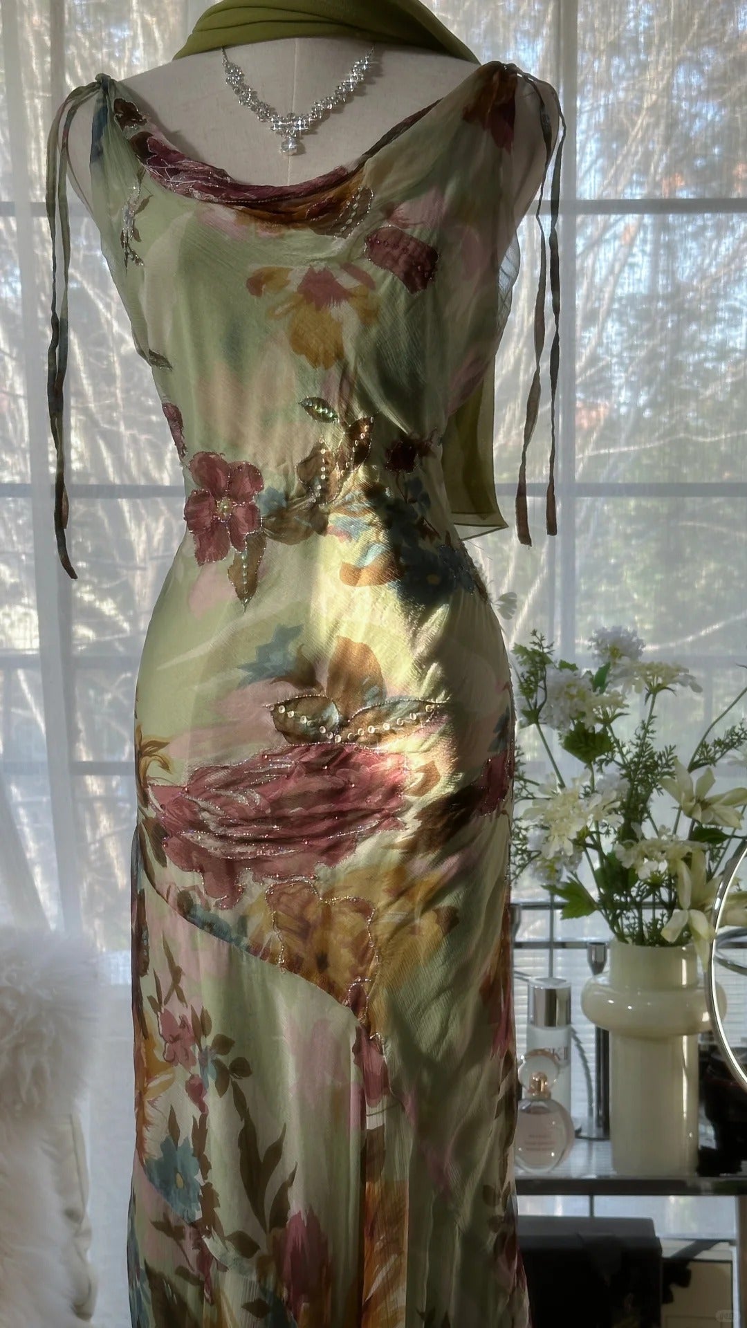 Vintage Green Oil Painting Chiffon Print Irregular Skirt Formal Prom Dress