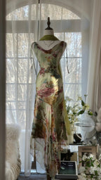 Vintage Green Oil Painting Chiffon Print Irregular Skirt Formal Prom Dress