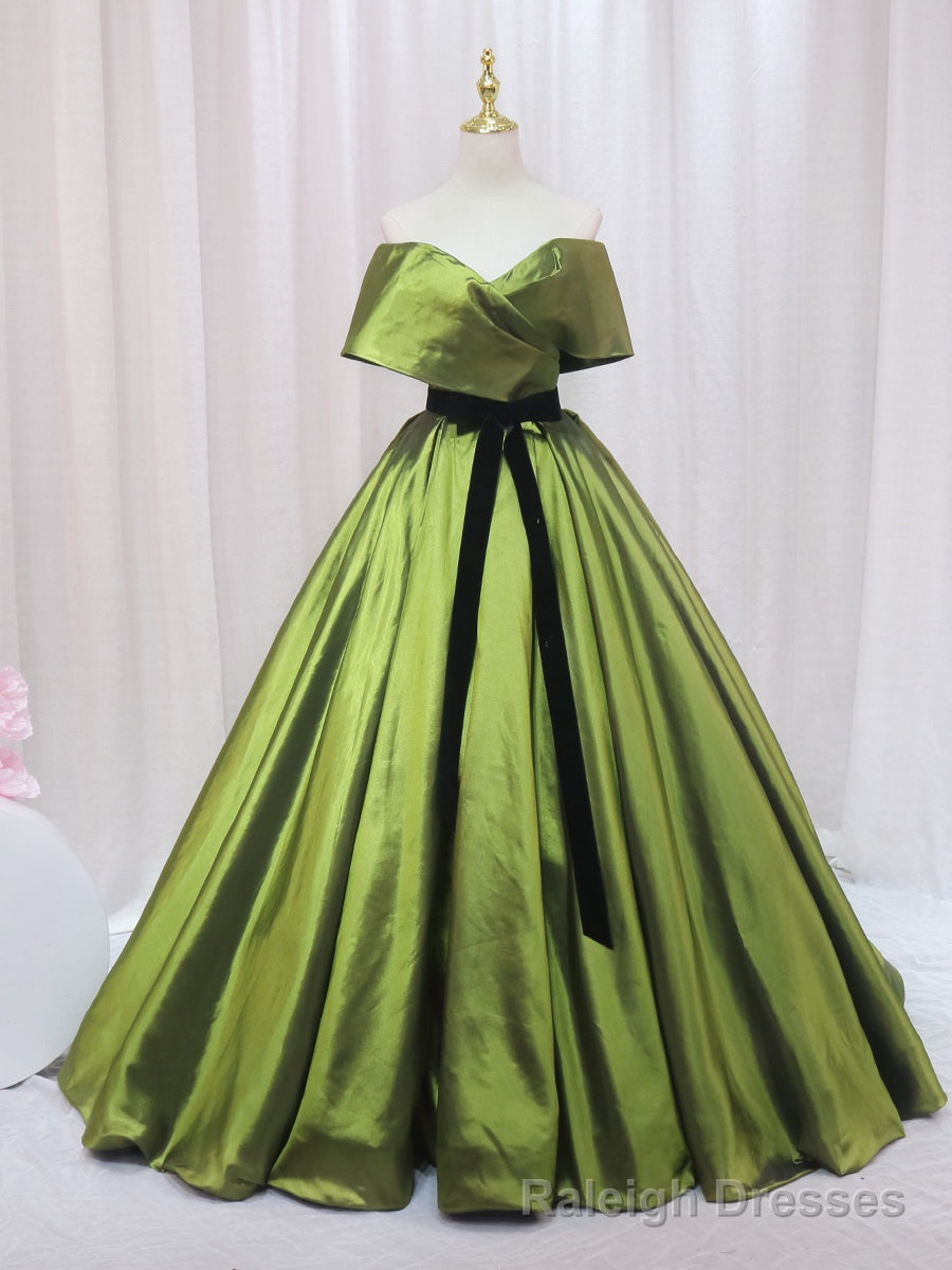 Vintage Green Satin Off the Shoulder Prom Dress Main image