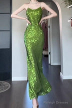 Vintage Green Sheath Spaghetti Strap Sequined Prom Dresses Birthday Dresses