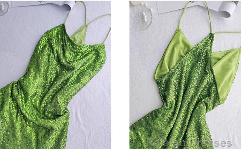 Vintage Green Sheath Spaghetti Strap Sequined Prom Dresses Birthday Dresses