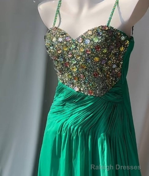 Vintage Green Spaghetti Strap Chiffon A-Line Sequin Rhinestone Prom Dress Beautiful Bridal Dress Secondary image
