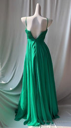 Vintage Green Spaghetti Strap Chiffon A-Line Sequin Rhinestone Prom Dress Beautiful Bridal Dress