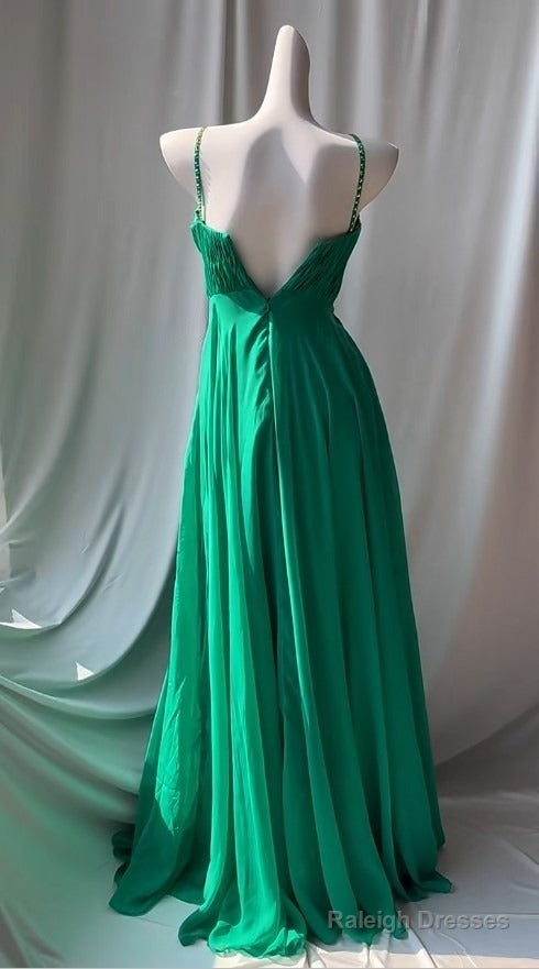 Vintage Green Spaghetti Strap Chiffon A-Line Sequin Rhinestone Prom Dress Beautiful Bridal Dress